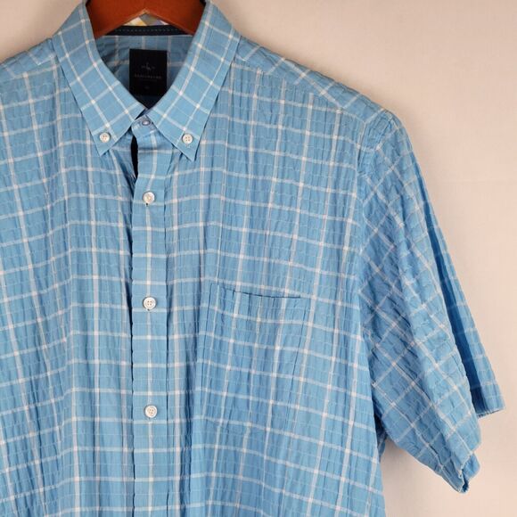 Taylor Byrd Shirt Mens XL Blue Plaid Seersucker Short Sleeve Button Down Preppy - Picture 4 of 10